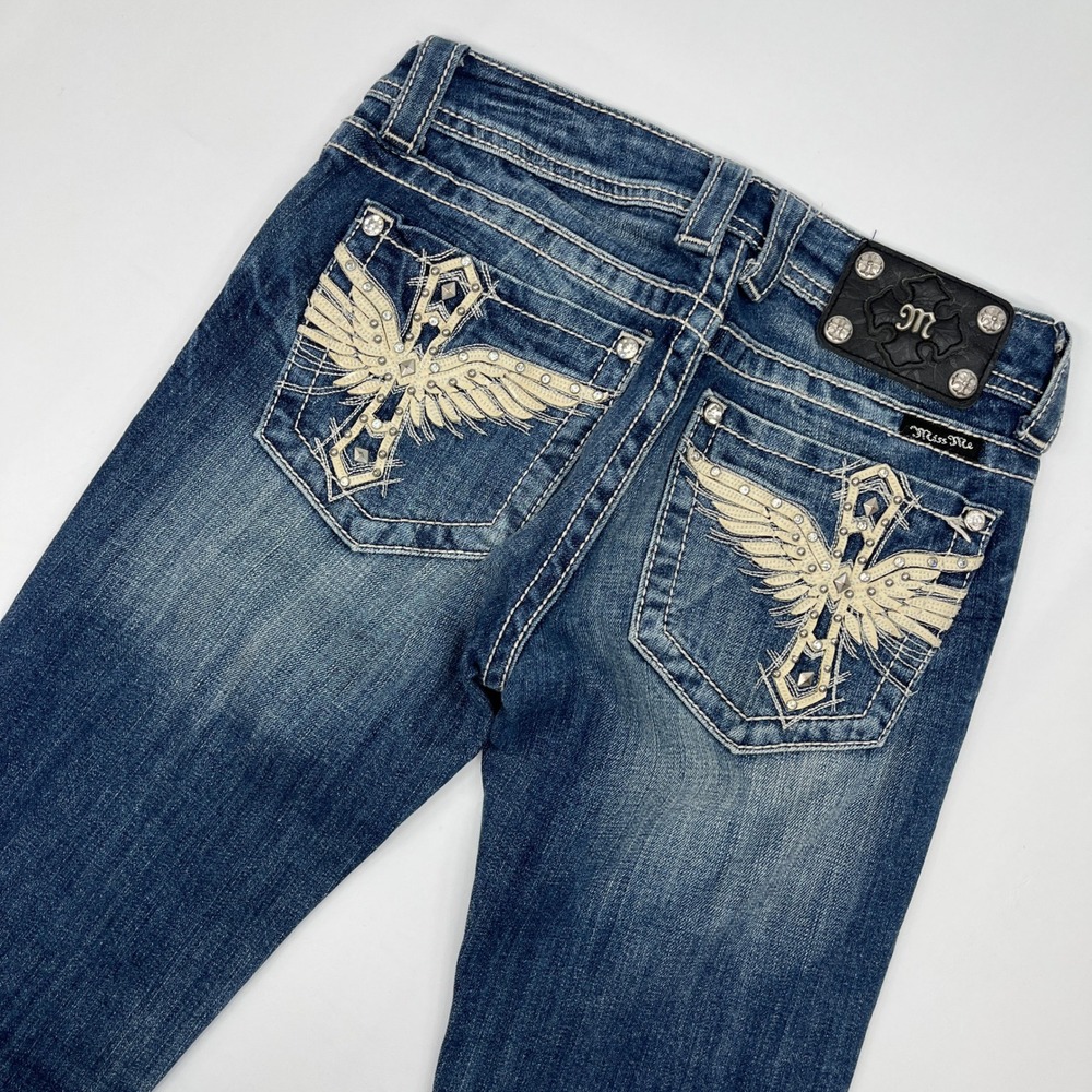 Miss Me Bootcut Jeans Blue 27 Y2K Wing Cross Rhinestone JP5117B6 Dark Wash